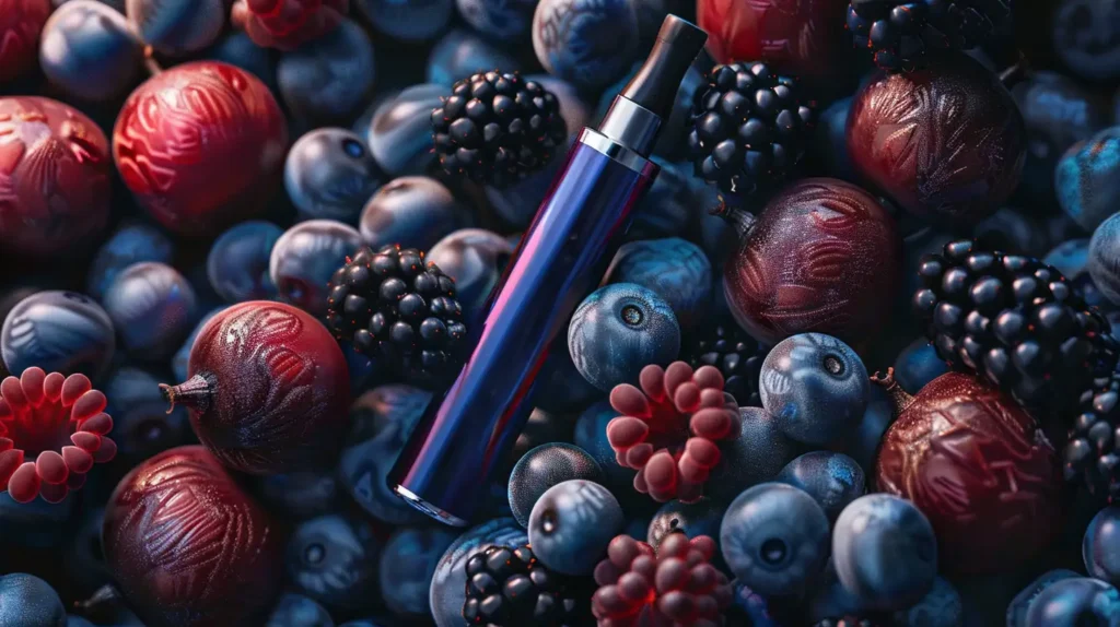 Gros plan d'une puff cigarette fruit rouge posée sur un mélange de fruits rouges frais, mettant en avant l'intensité des saveurs fruitées dans chaque bouffée.