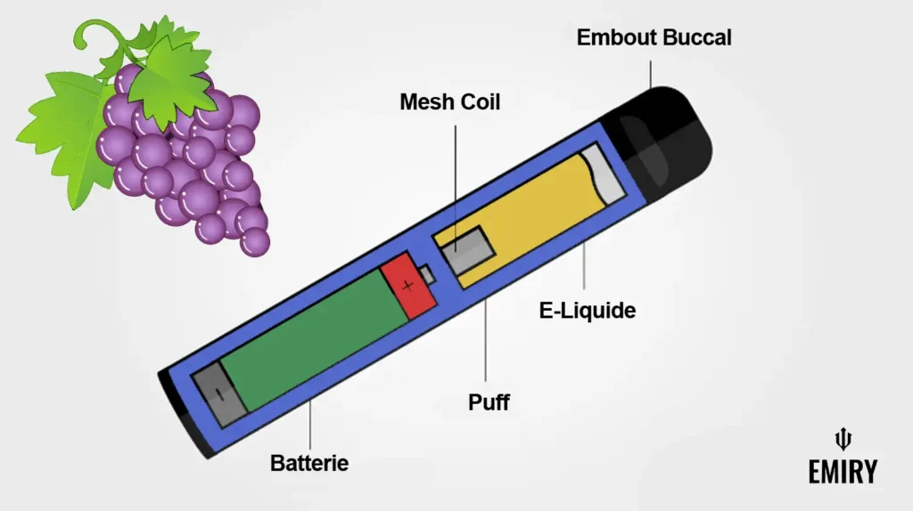 Un schéma illustrant la composition interne d'une puff (cigarette électronique jetable). On voit des raisins violets sur la gauche. Les différentes parties de la puff sont étiquetées : embout buccal, e-liquide, mesh coil, batterie. La marque "EMIRY" est visible en bas à droite.