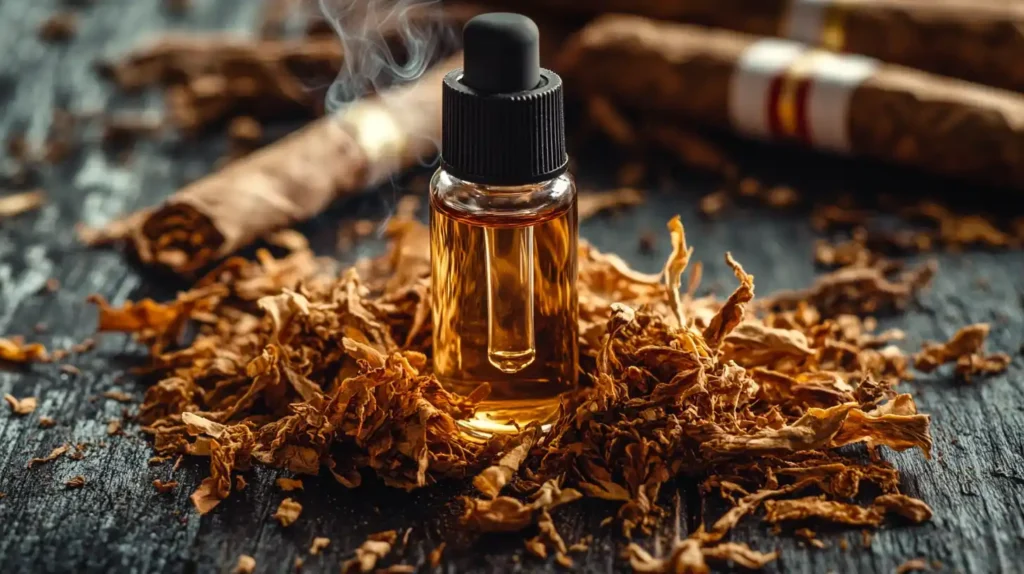 Un flacon d'e-liquide au goût tabac entouré de feuilles de tabac séchées et de cigares, capturant l'essence riche du Puff goût tabac.