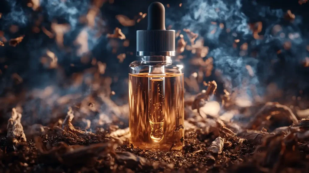 Flacon d'e-liquide goût tabac en train de libérer de la fumée, avec des feuilles de tabac en arrière-plan, représentant un intense Puff goût tabac.