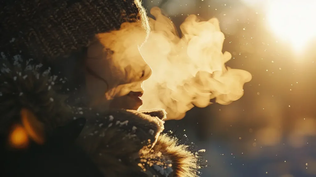 Une femme vapote une puff ice par temps froid, créant un nuage de vapeur visible dans l'air givré. La lumière du soleil illumine le nuage de vapeur, accentuant l'effet rafraîchissant et glacé associé à la puff ice. L'image évoque une sensation de fraîcheur intense, typique des saveurs glacées que l'on retrouve dans les produits puff ice.