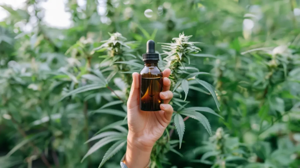 "Flacon d'e-liquide CBD tenu devant une plante de cannabis" - Un flacon ambré d'e-liquide CBD est tenu par une main devant un fond de plantes de cannabis en pleine croissance. Cette image met en valeur la pureté et l'origine naturelle du produit, en soulignant son lien direct avec la plante de cannabis.

