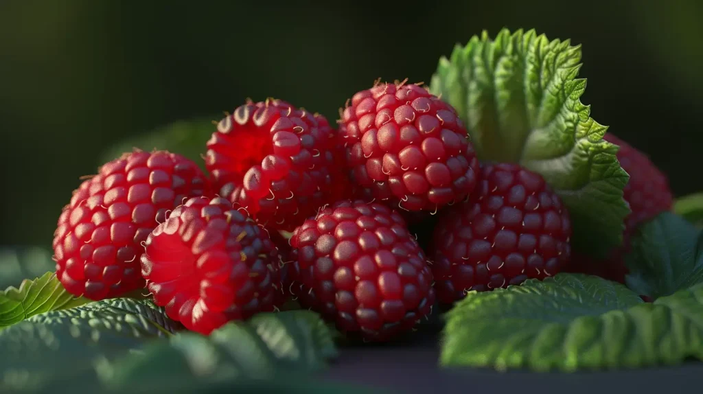 Framboises rouges mûres sur des feuilles vertes, représentant l'une des saveurs naturelles et délicieuses da la puff framboise.