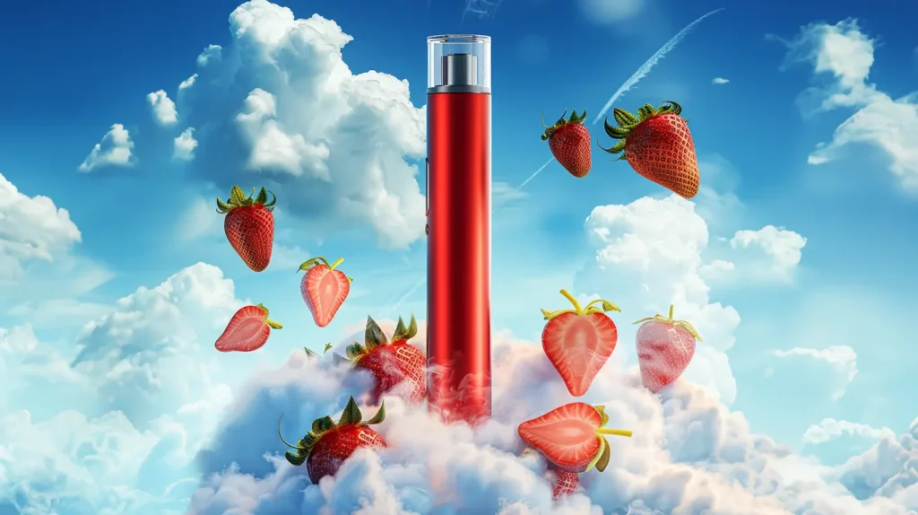 "Puff bar rouge saveur fraise entourée de nuages et de fraises fraîches" - Une puff bar rouge élégante se dresse au centre de l'image, flottant parmi des nuages moelleux et des fraises fraîches. Les fraises entières et en tranches entourent la puff bar, soulignant la saveur fruitée et sucrée du dispositif. Le ciel bleu et les nuages ajoutent une ambiance aérienne, symbolisant la légèreté et la fraîcheur de l'expérience de vape offerte par cette puff bar saveur fraise.