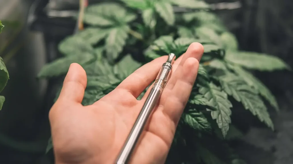 "Puff CBD élégant tenu dans une main devant des feuilles de cannabis" - Une main tient une puff CBD métallique et élégante, mise en avant devant un fond de feuilles de cannabis luxuriantes. Cette image illustre l'utilisation moderne et naturelle des produits à base de CBD, soulignant l'esthétique raffinée de la puff CBD et son lien avec la plante de cannabis.