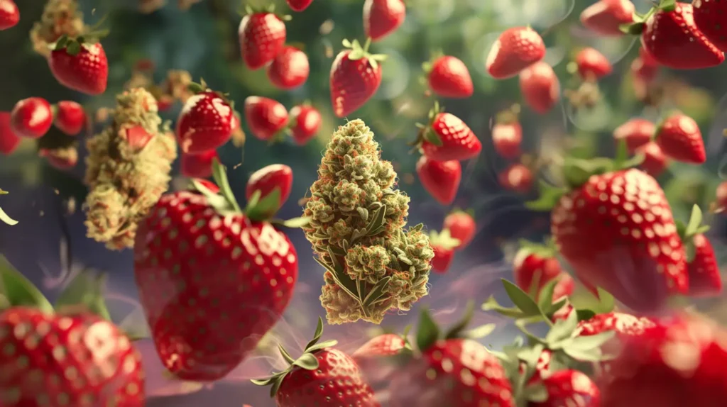 "Puff CBD à la saveur de fraise avec des fraises fraîches et des fleurs de cannabis" - Une scène vibrante montrant une fleur de CBD à la saveur de fraise entourée de fraises rouges et juteuses et d'une tête de cannabis. Les éléments sont en suspension, symbolisant la fusion des arômes fruités et herbacés. Cela met en avant un produit de vape au goût exceptionnel.