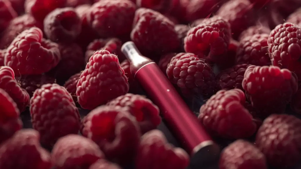 Puff framboise rouge posée sur un lit de framboises fraîches et juteuses.