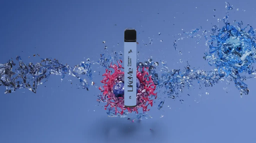 "Puff Like Me saveur blueberry avec éclats de myrtilles" - Une puff Like Me saveur blueberry mise en avant sur un fond bleu, entourée d'éclats de myrtilles et d'eau, mettant en valeur sa saveur fraîche et fruitée.