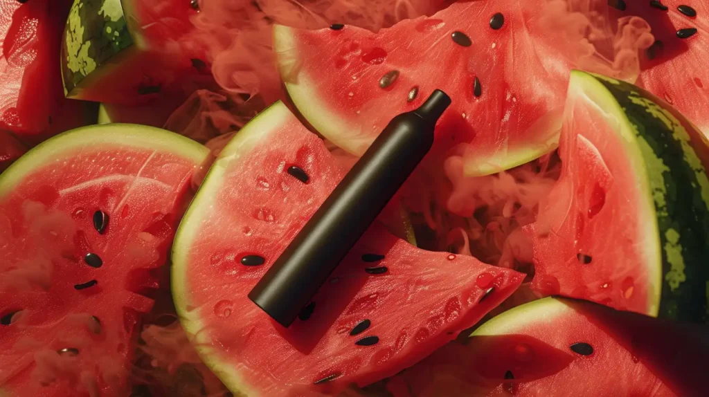 Puff pastèque noire posée sur des tranches juteuses de pastèque rouge, entourée de vapeur douce et rafraîchissante.