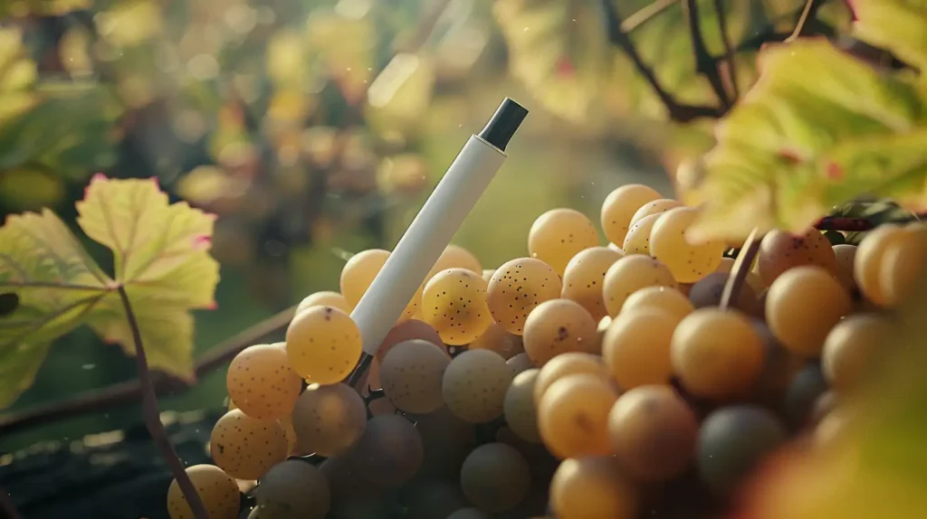 Cigarette électronique puff raisin blanche posée sur une grappe de raisins dorés, évoquant la saveur raisin dans un vignoble ensoleillé