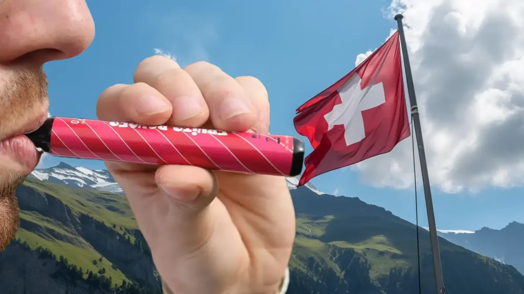 "Homme utilisant une puff suisse devant un drapeau suisse dans les montagnes" - Un homme tient et utilise une puff suisse de couleur rouge avec un paysage de montagnes suisses en arrière-plan. Le drapeau suisse flotte fièrement à côté, symbolisant la popularité et l'authenticité des produits de vape en Suisse.