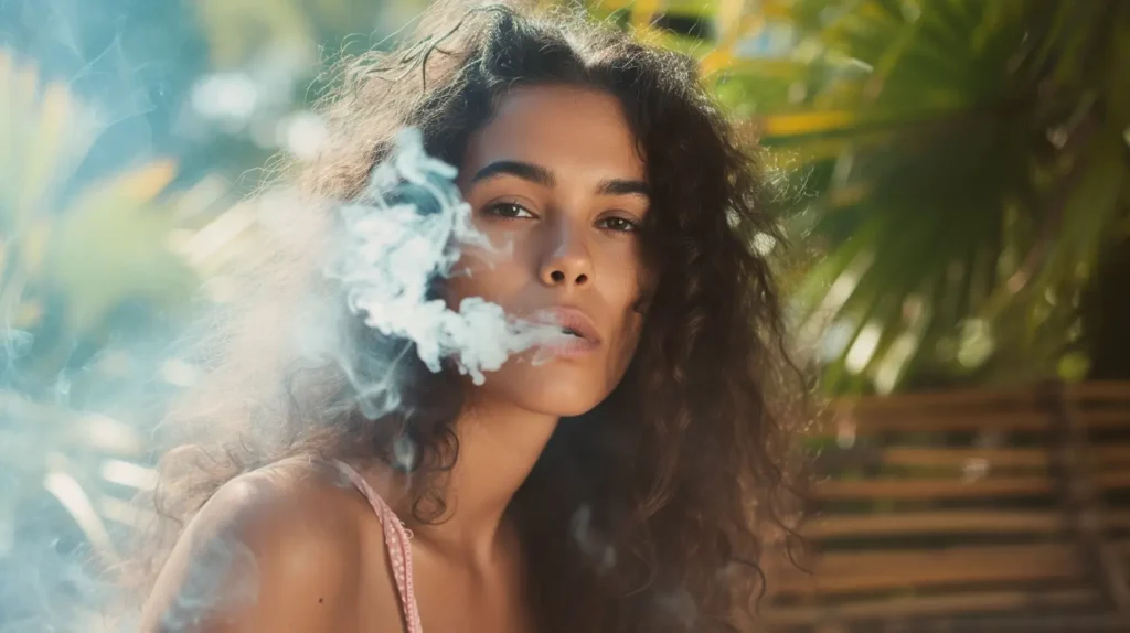 : "Femme élégante vapant une puff vape entourée de fumée" - Une femme avec des cheveux bouclés exhale de la fumée en utilisant une puff vape, dans un cadre extérieur tropical. L'image illustre la sensation de détente et de style associée à l'utilisation de puffs vapes.