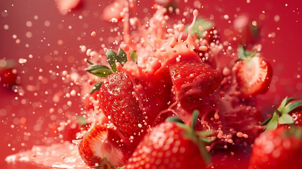 Fraises éclatant dans un tourbillon de smoothie, représentant la saveur puff fraise.