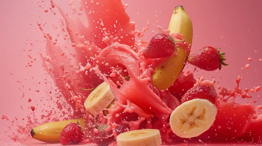 Explosion de fraises et bananes dans un smoothie, illustrant la saveur puff fraise banane.