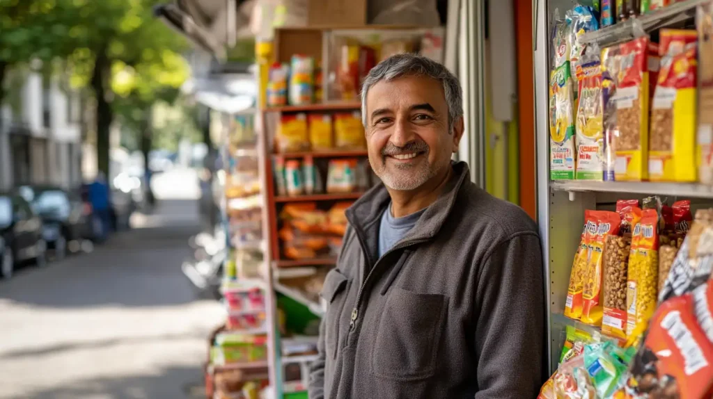 Un homme souriant se tient devant un kiosque ou un bureau de tabac rempli de divers snacks et produits, dans une rue ensoleillée et bordée d'arbres en Suisse.