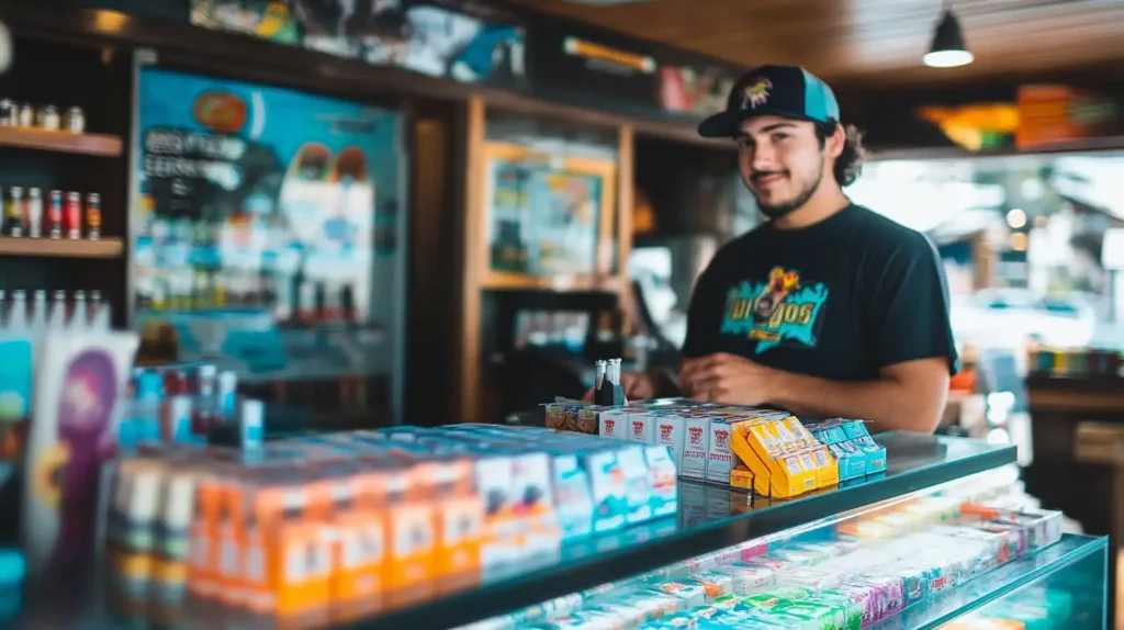 Un vendeur dans un bureau de tabac organise des paquets de produits, y compris des cigarettes électroniques jetables, sur le comptoir, mettant en avant l'offre de cigarettes électroniques jetables en bureau de tabac.