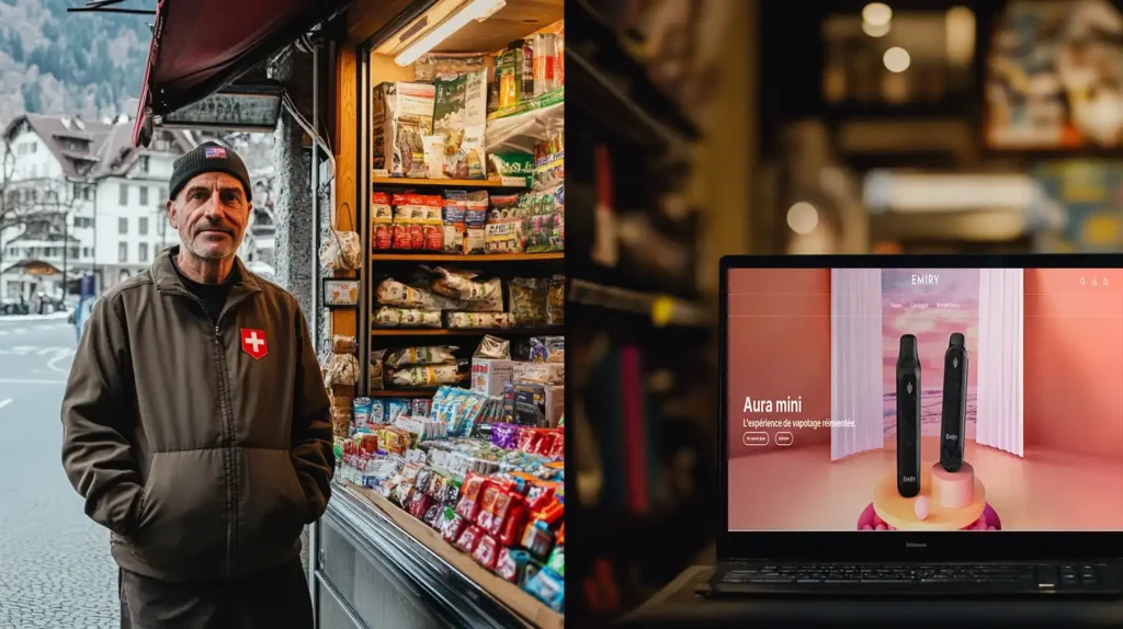 Un homme portant une veste avec le drapeau suisse se tient devant un kiosque rempli de produits divers, à côté d'une image d'écran d'ordinateur affichant des cigarettes électroniques Emiry avec le texte 'Aura mini, l'expérience de vapotage réinventée'.