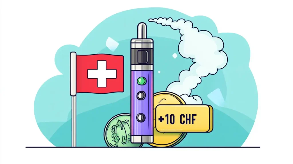 Illustration d'une puff à côté d'un drapeau suisse et d'un prix de 10 CHF, représentant la question 'Combien coûte une Puff ?' en Suisse.