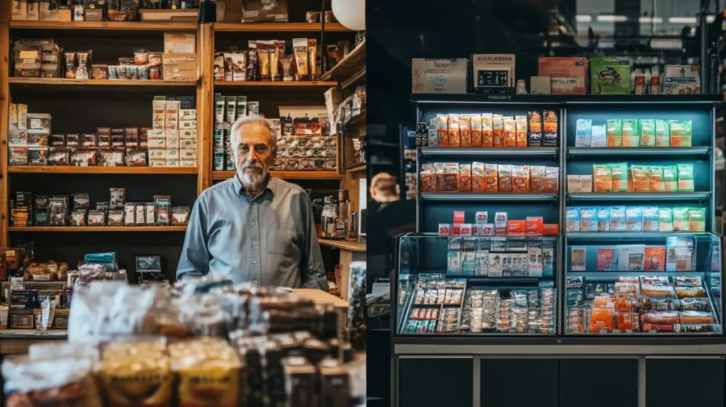 Un homme âgé se tient dans un bureau de tabac avec des étagères remplies de produits, comparé à un présentoir lumineux montrant une variété de puffs en vente dans un kiosque.