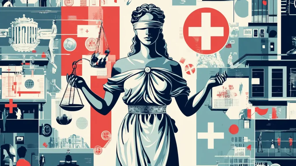 Illustration de la déesse de la justice avec une balance, entourée de symboles suisses, représentant les conséquences juridiques du non-respect de l'âge légal pour acheter une puff en Suisse.