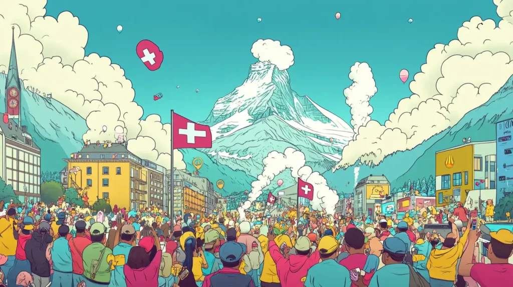 Une illustration d'une foule animée en Suisse, avec des montagnes en arrière-plan, des drapeaux suisses flottant et des ballons représentant des puffs, symbolisant la popularité croissante des puffs en Suisse.