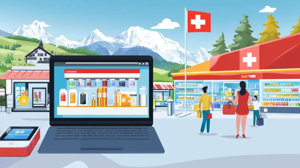 Une scène combinant un ordinateur portable affichant une boutique en ligne et un magasin physique dans un cadre alpin suisse, illustrant les différentes options pour acheter des puffs, que ce soit en ligne ou dans des magasins physiques en Suisse.