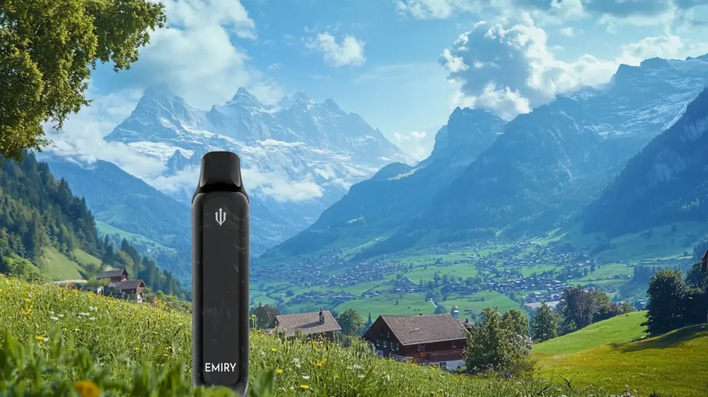 Une cigarette électronique jetable de la marque Emiry est mise en avant sur un paysage suisse pittoresque, avec des prairies verdoyantes, des chalets en bois et des montagnes enneigées sous un ciel partiellement nuageux.