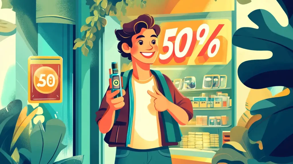 Illustration d'un jeune homme souriant devant un magasin affichant une réduction de 50 %, symbolisant l'idée d'acheter une puff au meilleur coût.