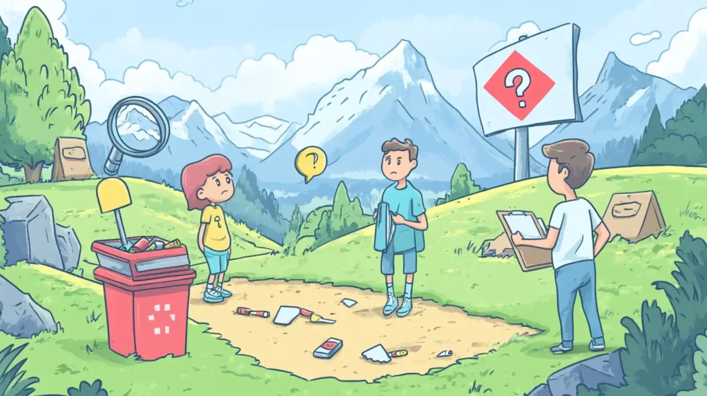 Des enfants explorant une zone de montagne jonchée de déchets de puffs, reflétant les problèmes liés aux puffs vendus en Suisse, notamment en matière de déchets et de sécurité.