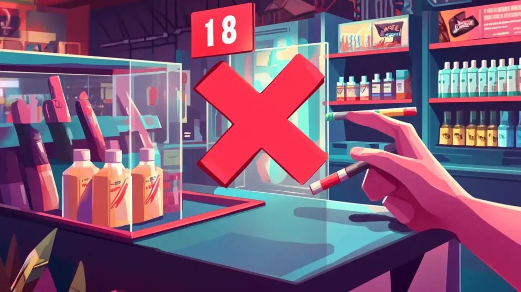 Illustration d'un kiosque avec un grand panneau rouge indiquant une interdiction pour les moins de 18 ans, mettant en évidence la réglementation stricte sur l'achat de puffs en kiosque.