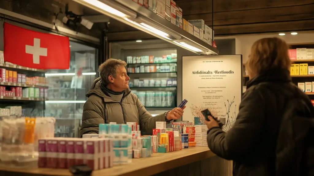 Un vendeur dans un magasin en Suisse, décoré d'un drapeau suisse, présente des produits de vapotage à un client, illustrant les réglementations locales sur la vente de cigarettes électroniques jetables.