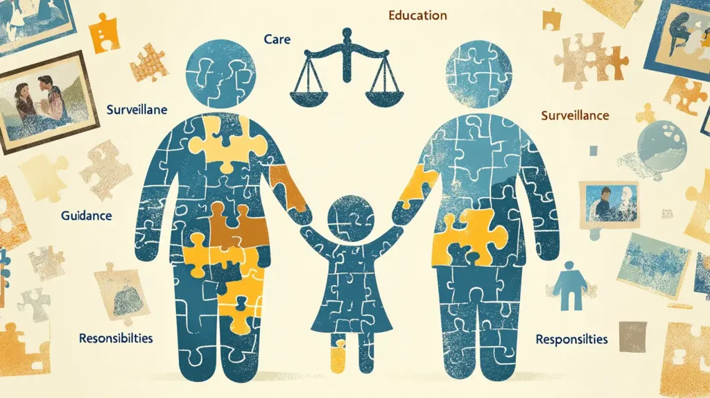 Illustration de figures parentales en forme de puzzle entourant un enfant, avec des mots comme 'Surveillance', 'Éducation' et 'Responsabilités', soulignant la responsabilité des parents dans l'achat de puffs.