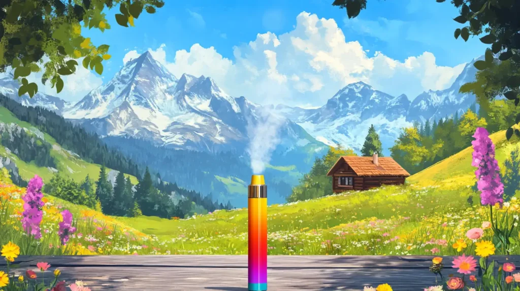 Une puff colorée dégageant de la vapeur est posée sur une table en bois avec un paysage pittoresque des montagnes suisses en arrière-plan, illustrant l'utilisation de la puff en Suisse.