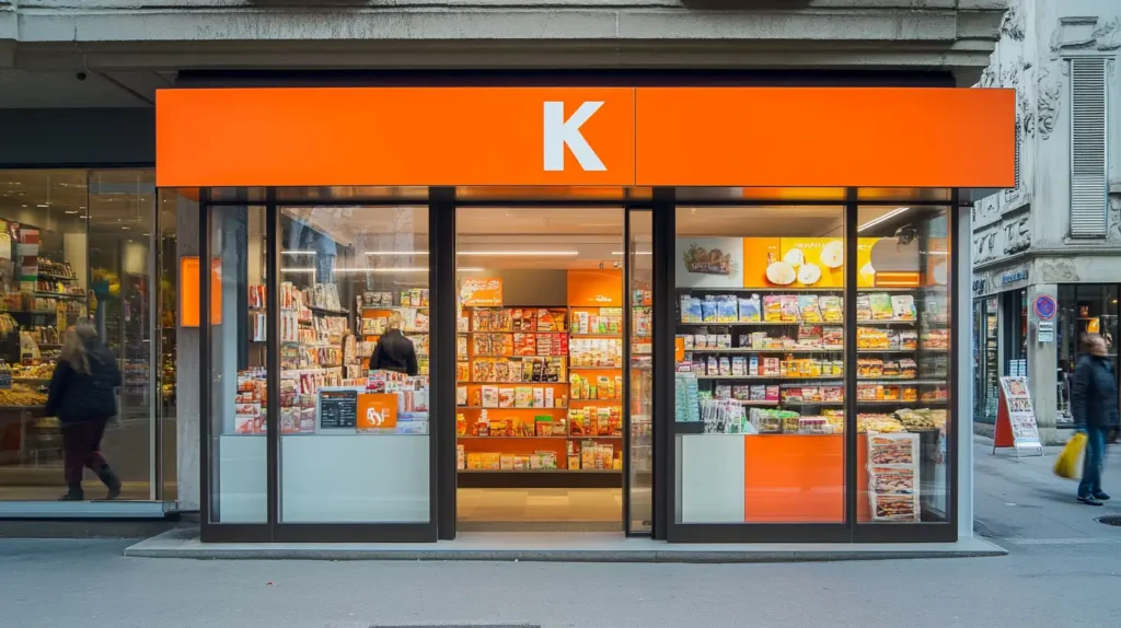 Façade d'un kiosque moderne avec une enseigne orange 'K', où l'on peut acheter des produits divers, y compris des puff kiosque, disponibles à l'intérieur.